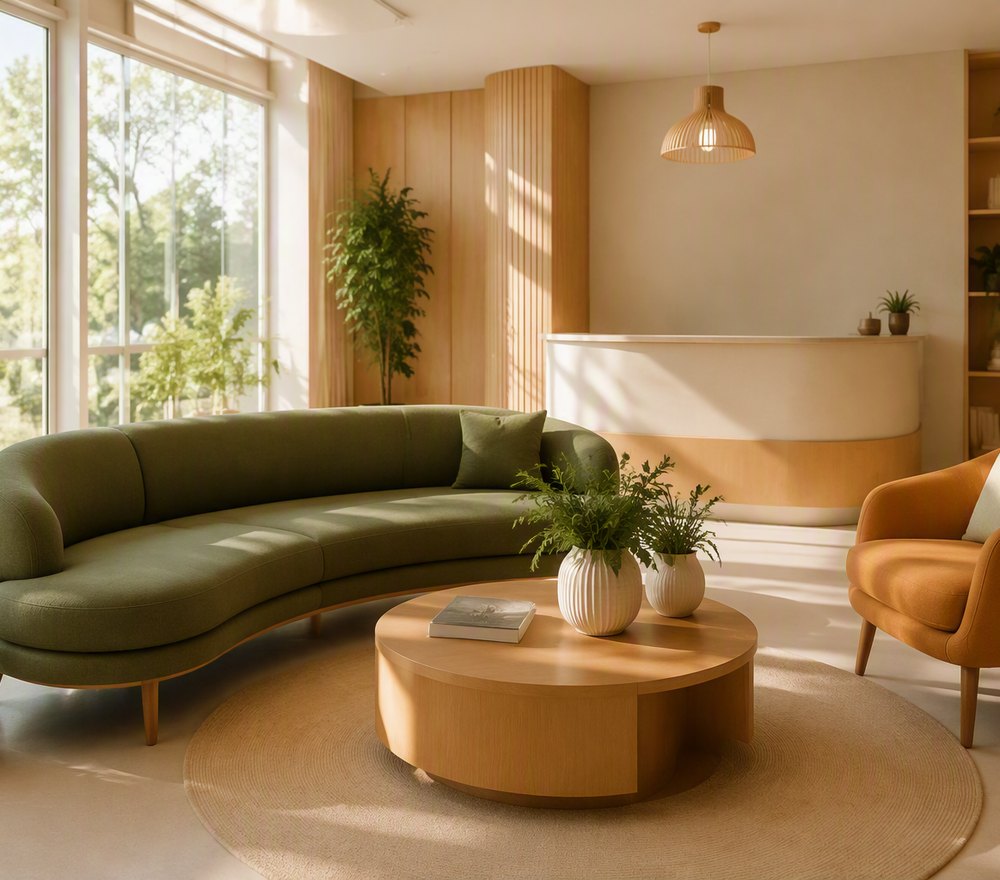 Interior resepsionis Klinik Utama Heliacare yang modern